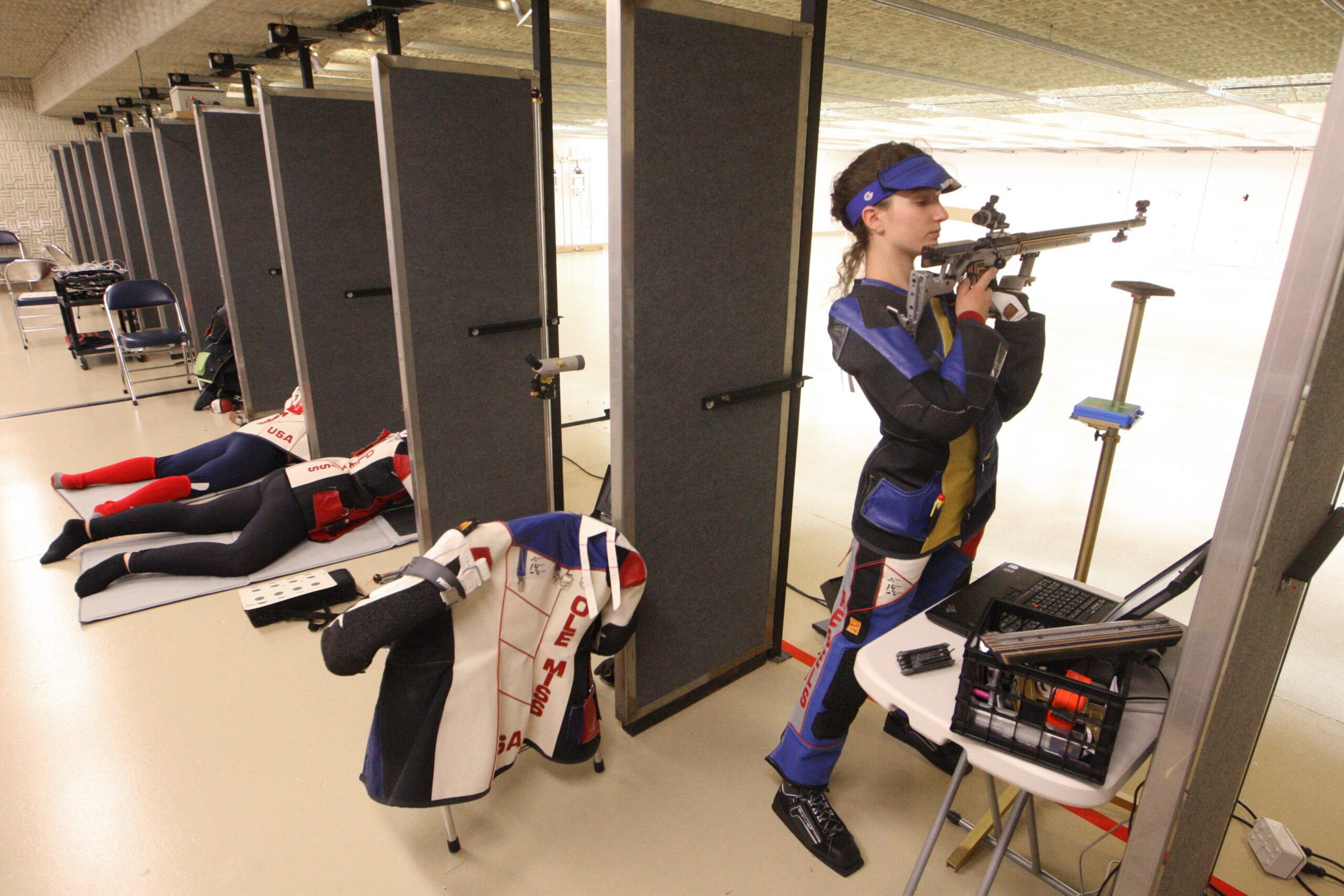 C. Todd Sherman | Daily Journal
Alivia Yeager, right, eyes a computer screen on a digital target while practicing shooting with other members of the all-female Ole Miss Rifle Team in Oxford on Tuesday.